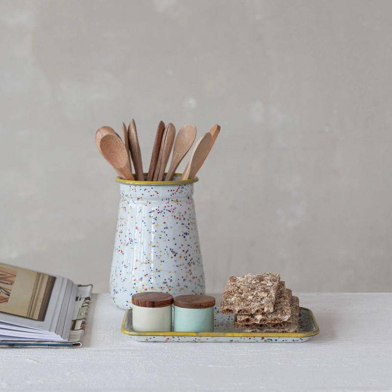 Enameled Metal Splatterware Crock with Yellow Rim
