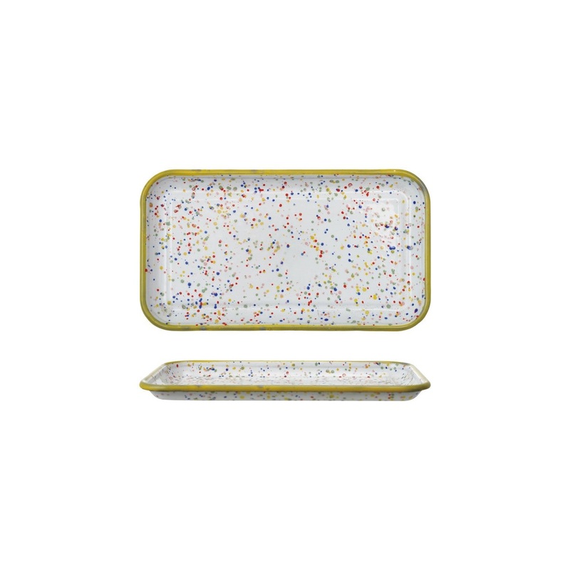 Enameled Metal Splatterware Plate with Yellow Rim