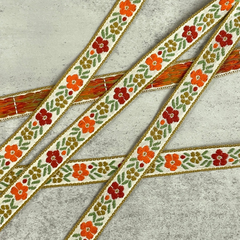 Orange Retro Floral Vintage Jacquard Ribbon