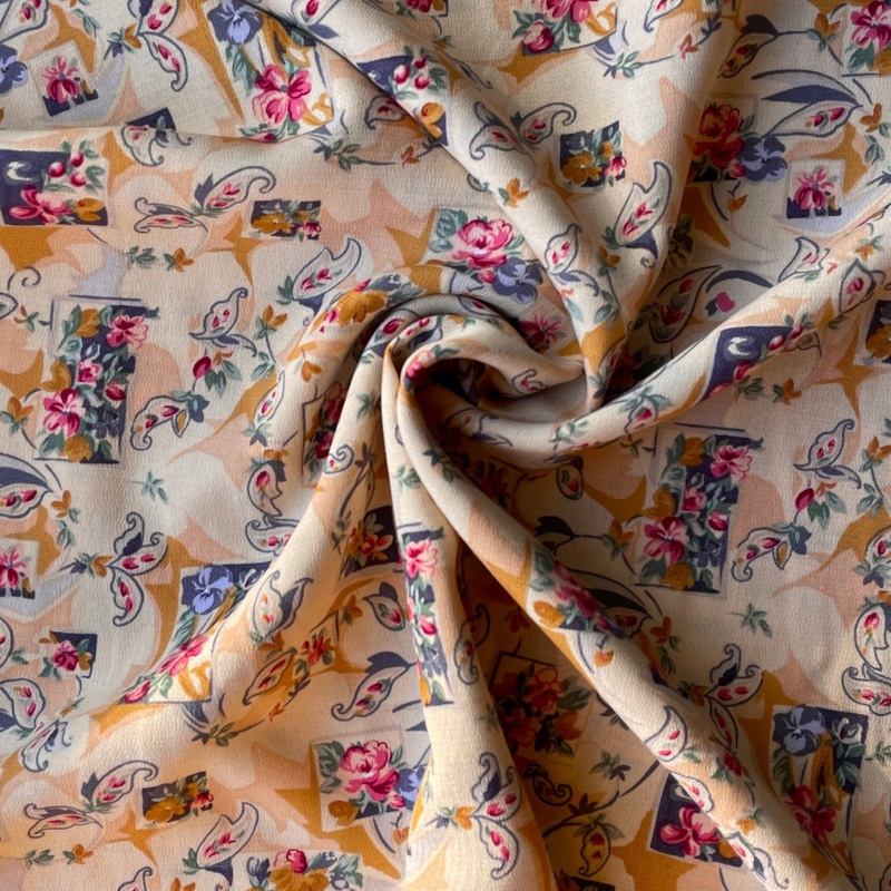 Deadstock Tan Peach Floral Crepe