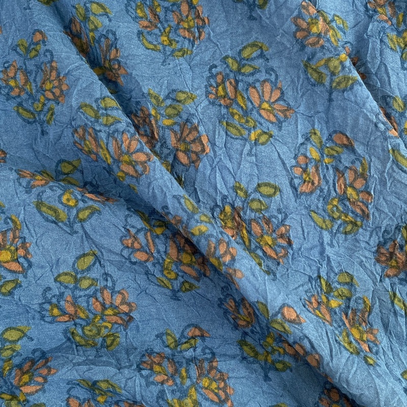 Blue Floral Rayon Crinkle Challis